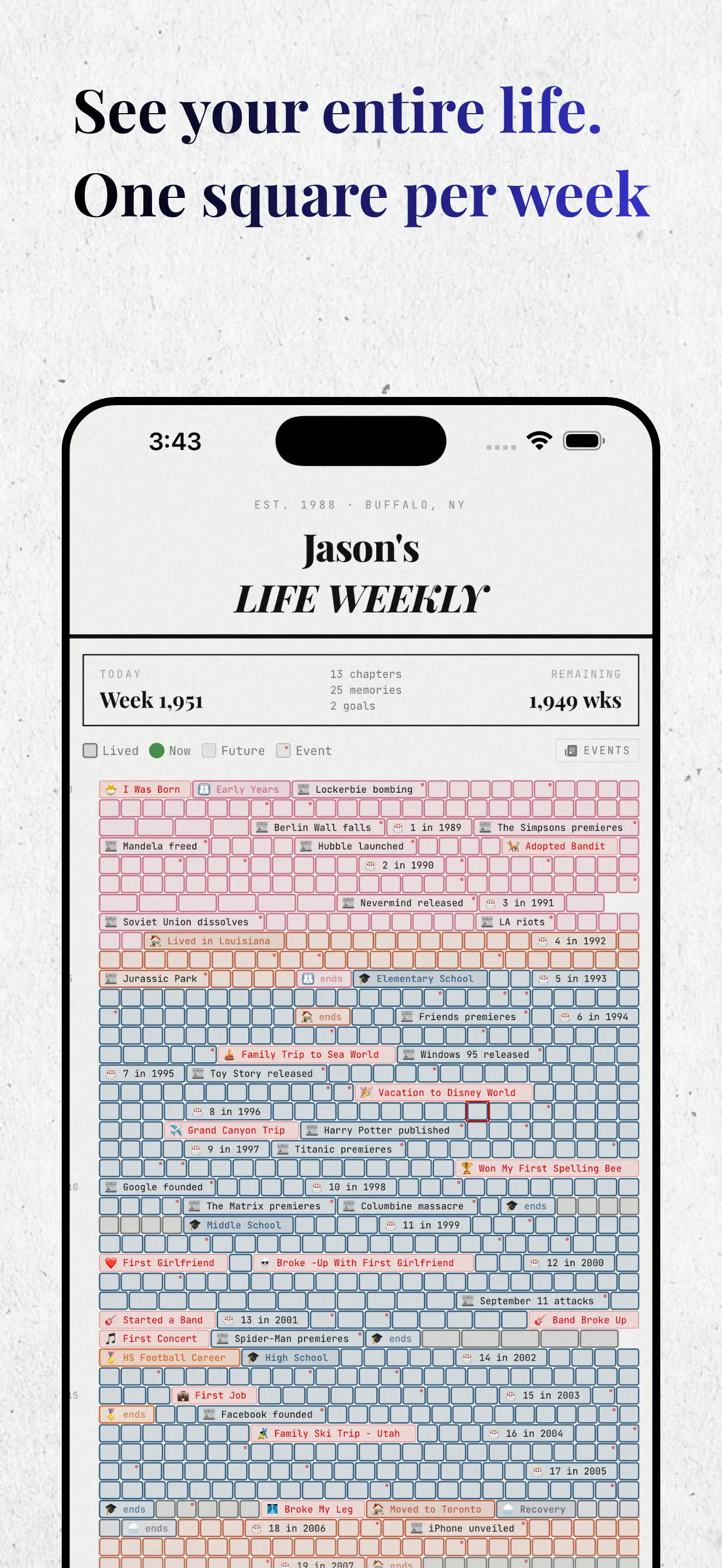 Your Life Weekly — Life in weeks grid view with chapters and memories