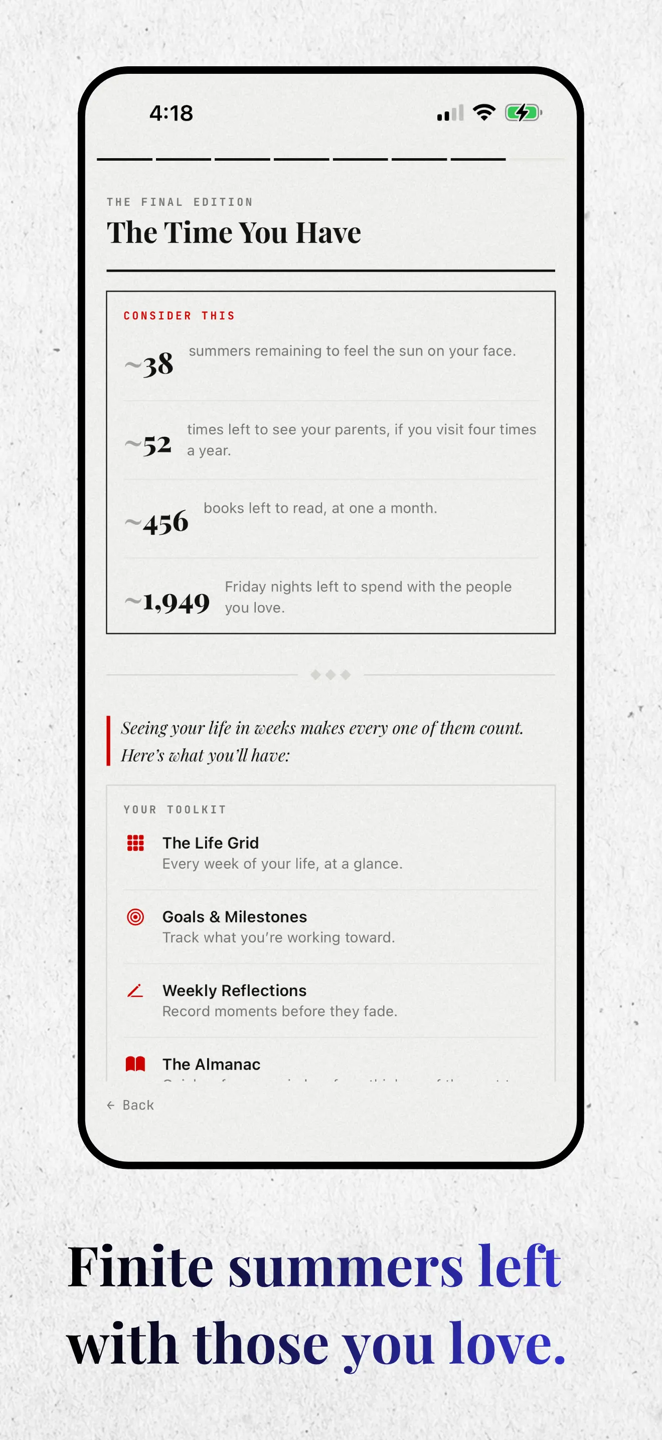 Your Life Weekly — The Time You Have life stats and toolkit overview
